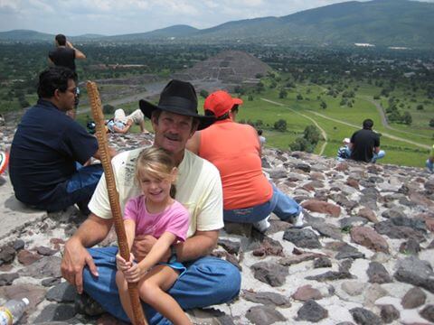 Lee McCormick and daughter Bella, on top of the Pyramid of the Moon at Teotihuacan.
